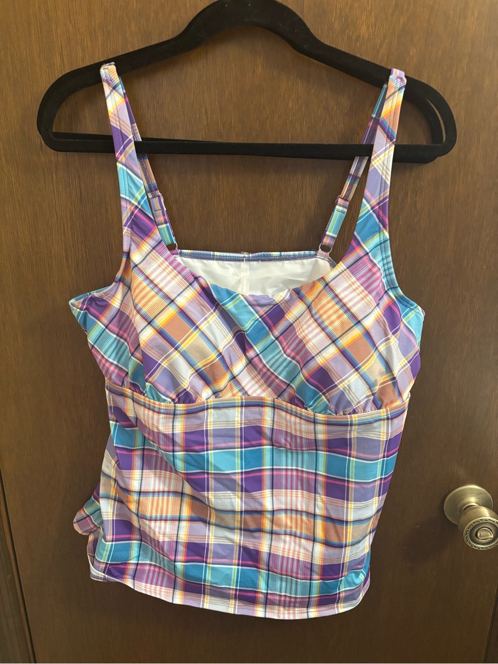 Lands' End Plaid Swim Tankini Top - Purple, Teal, Yellow